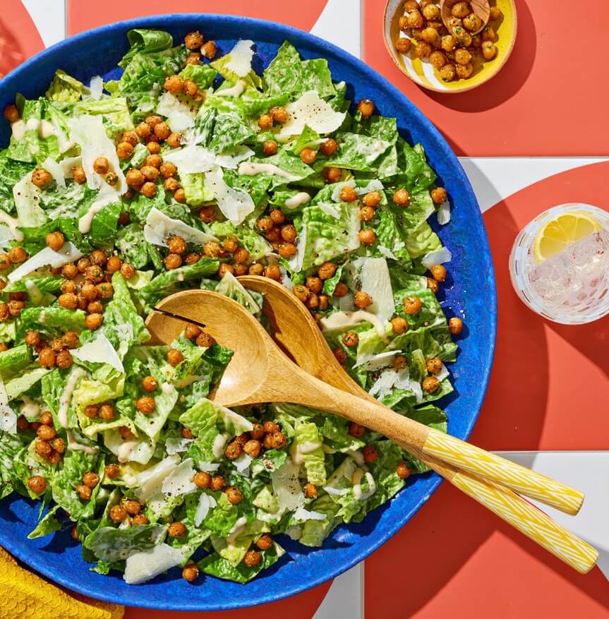 Caesar salad with roasted chickpeas or garbanzo beans as croutons.