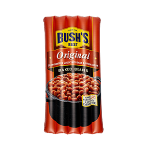 Pool float printed to look like a can of Baked Beans.