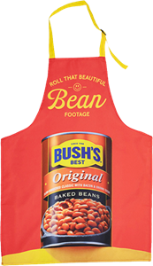 Red apron printed with a can of Bush's Baked Beans.
