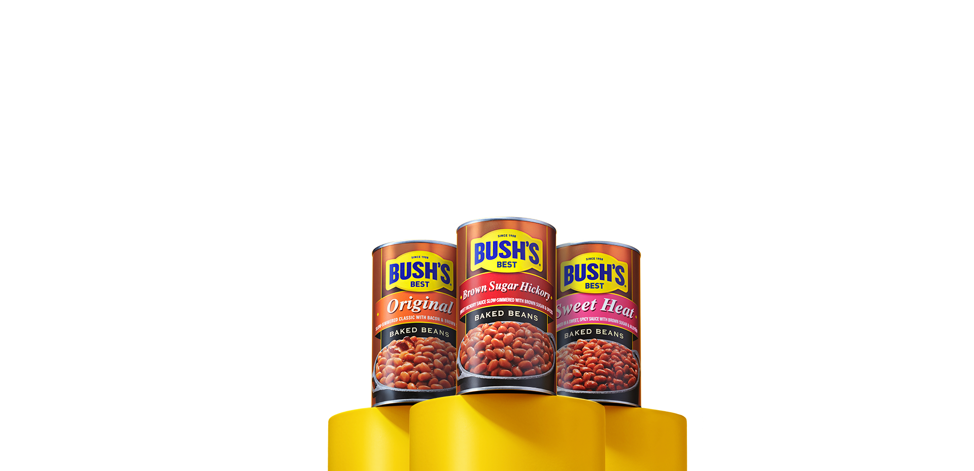 Bush's Baked Beans on yellow pedestal