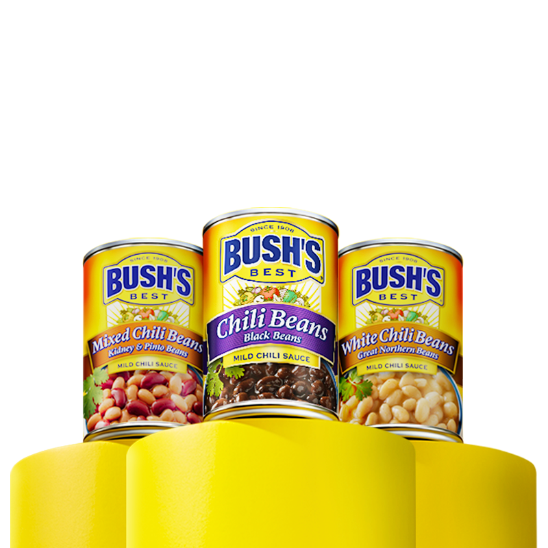 A can of beans on a yellow pedestal