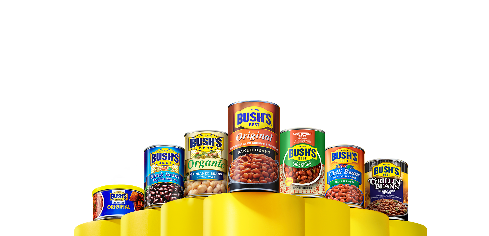 Different cans of bean products on yellow pedestals 