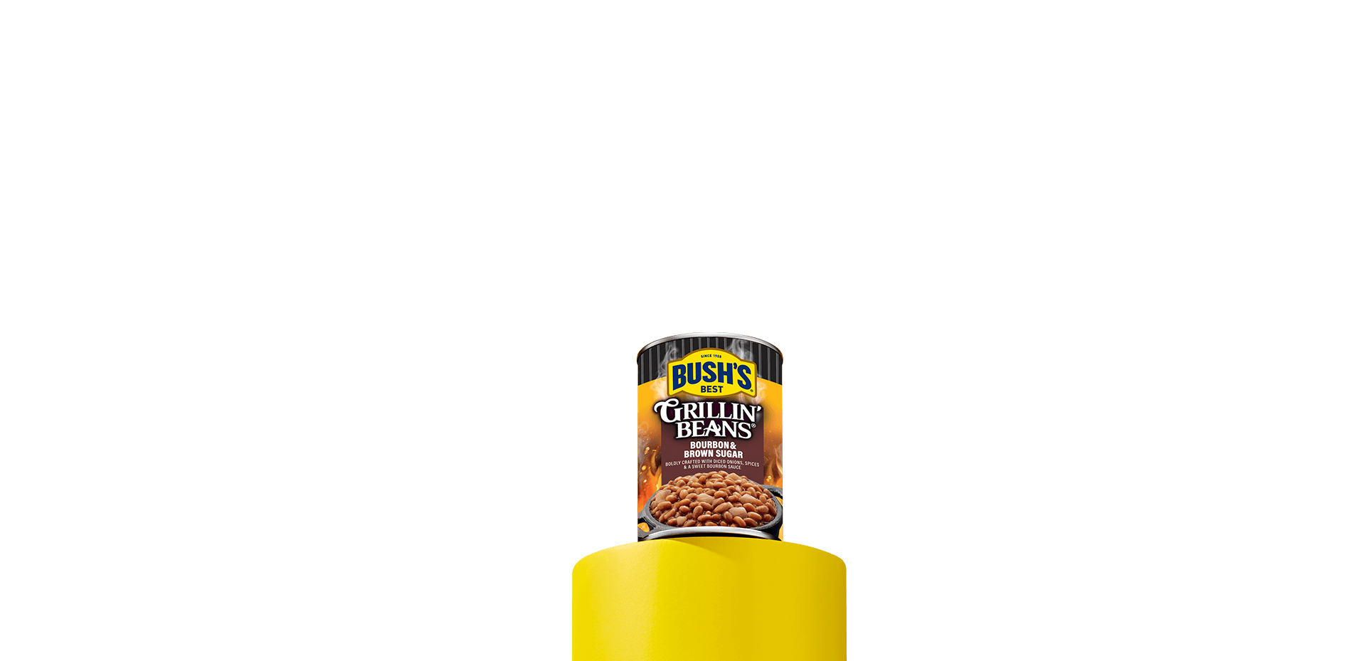 Can of Bush's Grillin' Beans on a yellow Pedestal