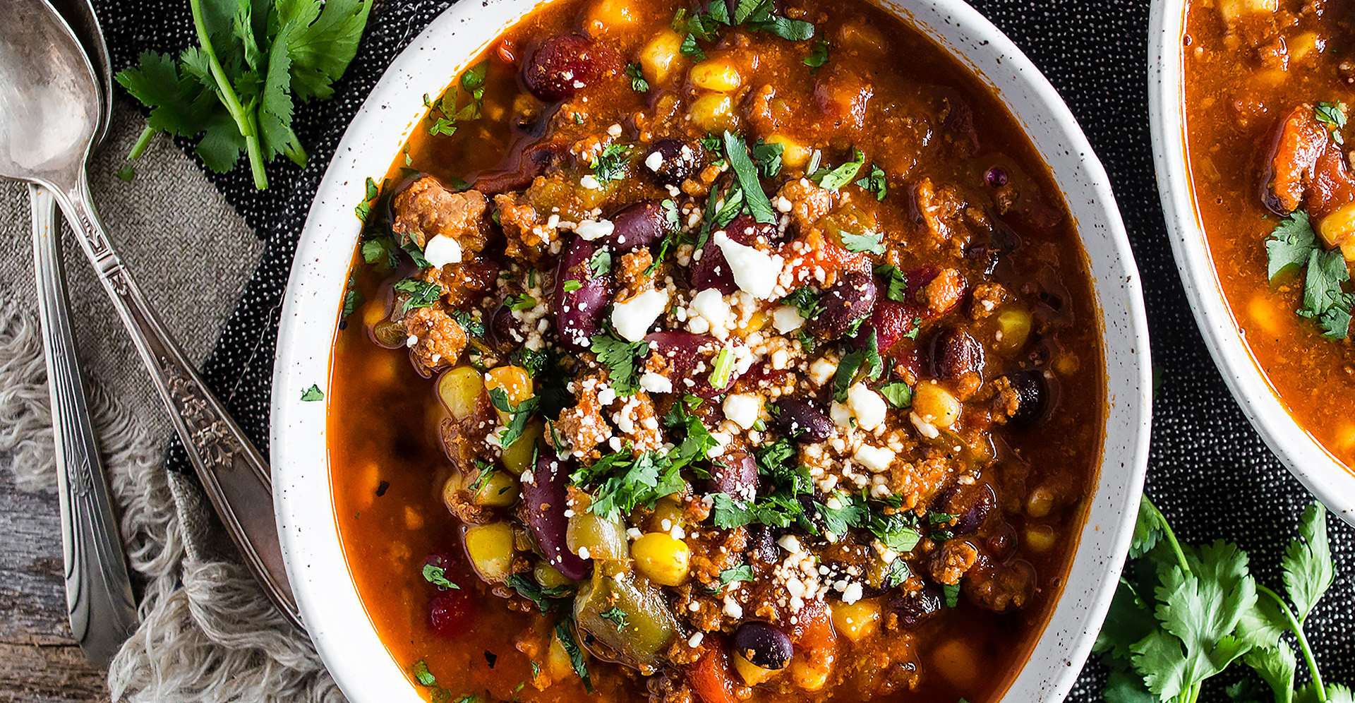 Two bean chipotle chili in a white bowl