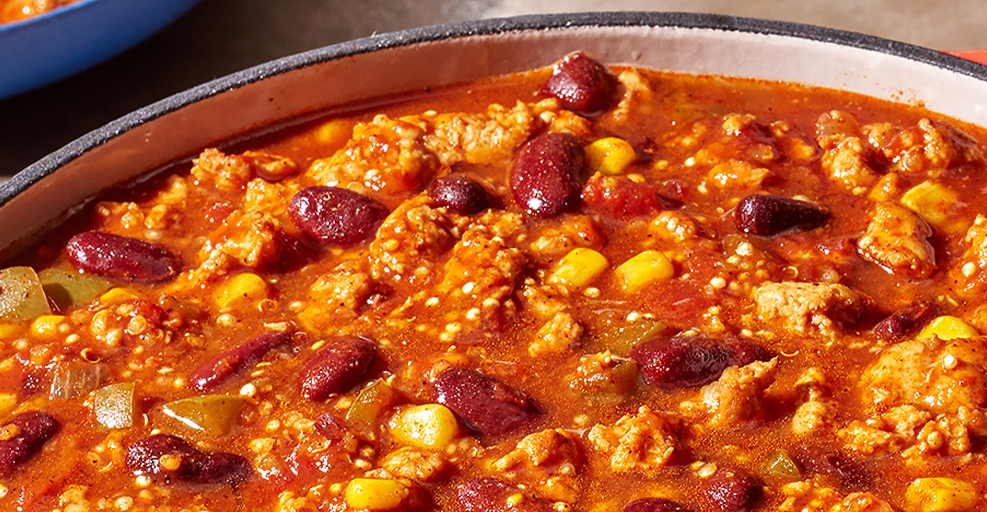 Close-up of ground turkey chili with beans