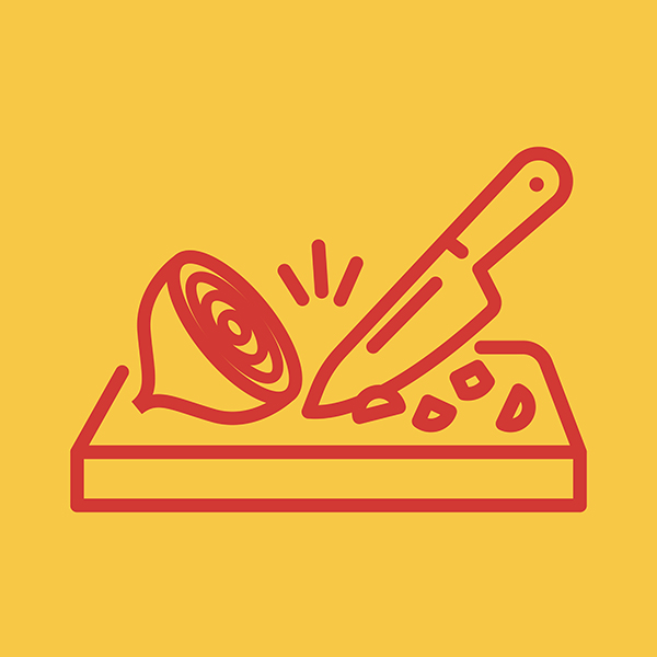 Red line drawing on yellow background showing a knife chopping an onion.