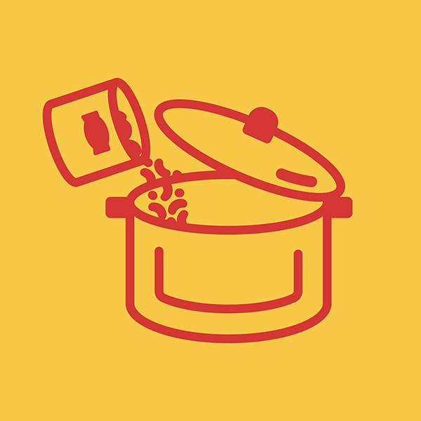 Red line drawing on yellow background showing a can of beans being poured into a pot.
