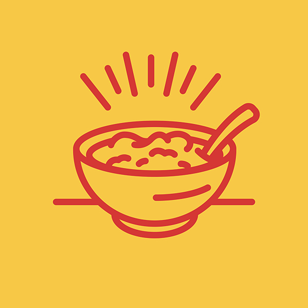 Red line drawing on yellow background showing a bowl of chili.