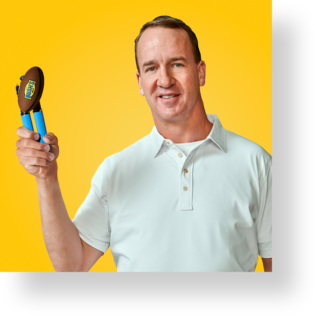 Peyton Manning holding a can opener with blue handles and a football-shaped twist handle
