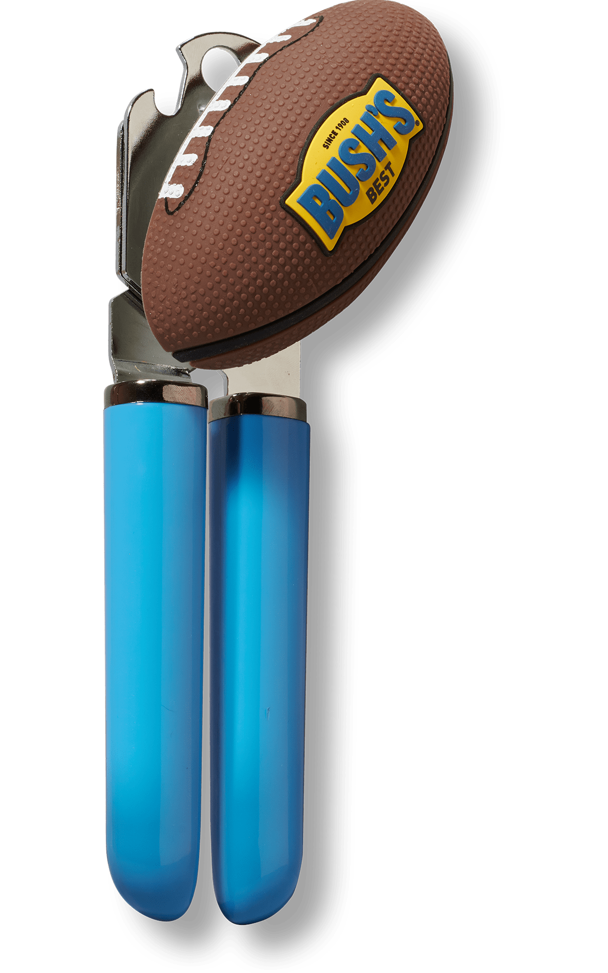 Can opener with blue handles and football-shaped crank