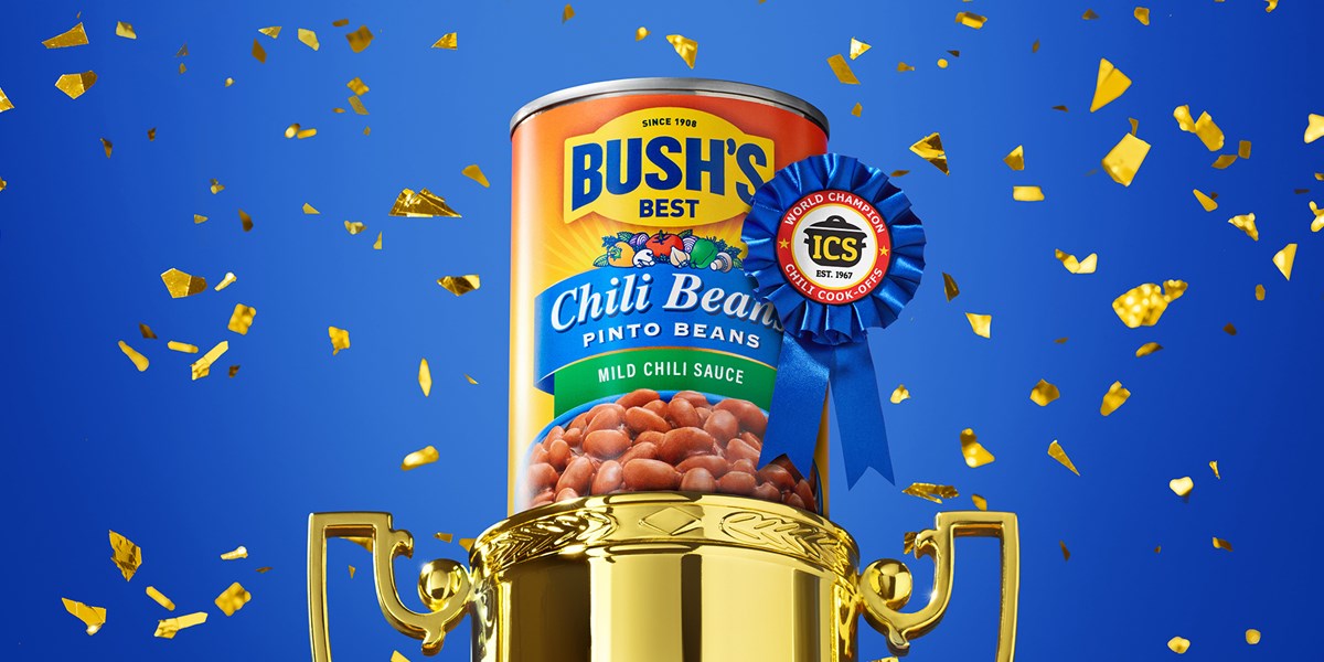 Pinto Beans in Chili Beans with a blue ribbon and confetti.