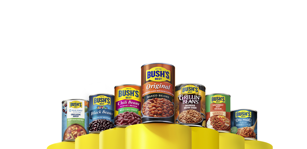 Array of Bush's Beans products on yellow pedestals