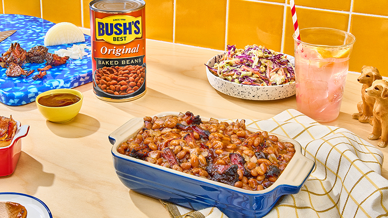 Baked beans with burnt ends and bacon casserole.