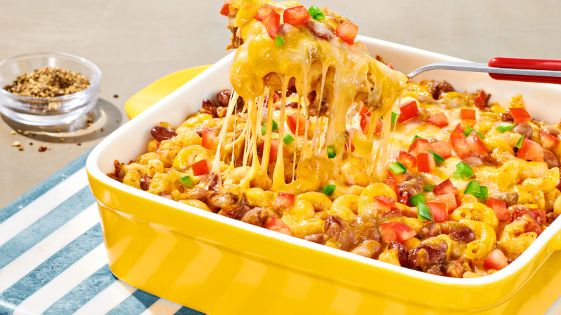 Baked Mexican chili pasta casserole.