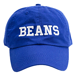 Blue cap with the word "BEANS" in white