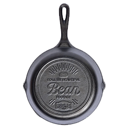 Small cast iron skillet with Bush's Beans tagline. 
