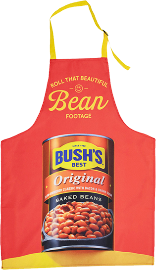 Red apron printed with a can of Bush's Baked Beans.