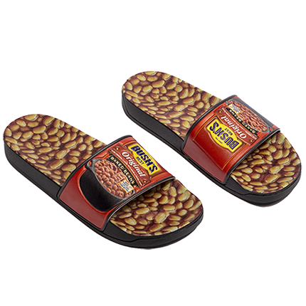 Slides sandals with the surface printed in a photo pattern of baked beans and the straps like a Bush's Baked Beans can