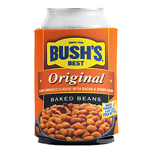 Koozie printed to look like a Bush's Baked Beans can