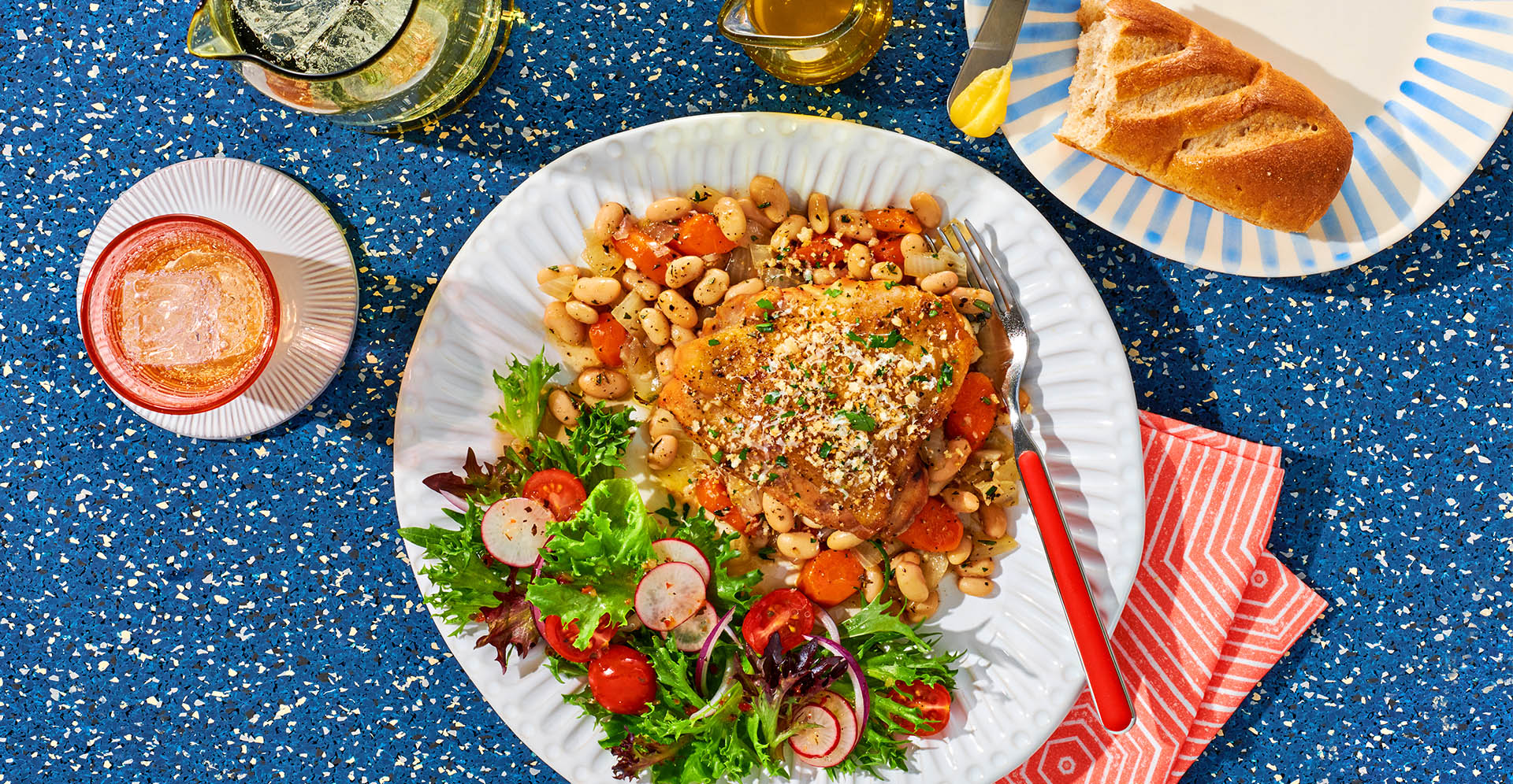 Slow Cooker Chicken Casserole with a fresh salad and side of bread and butter.