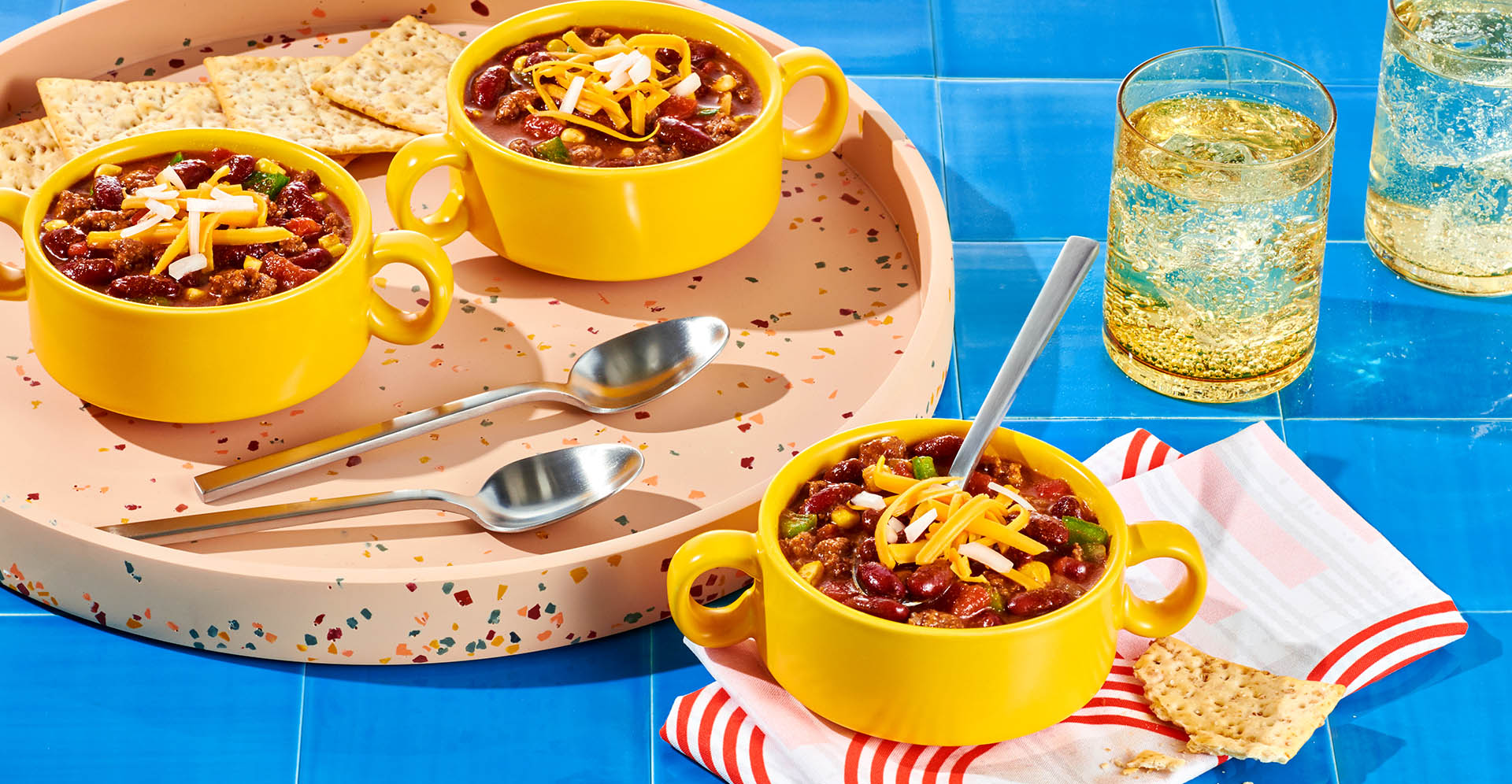 Three yellow ramekins filled with Kidney Chili Beans Chili.